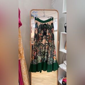FARM Rio Green Tropical-Print A-Line Skirt